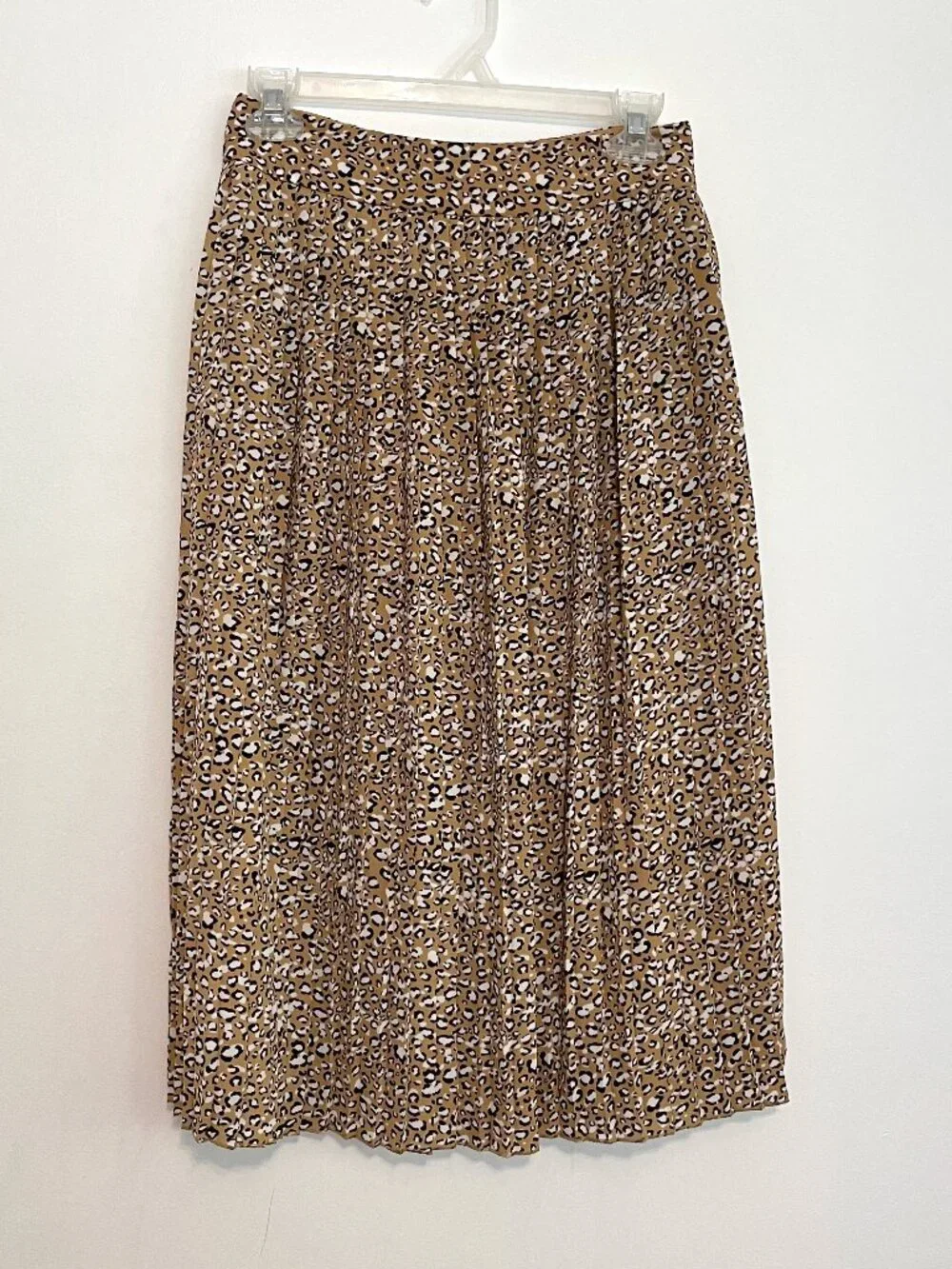 J. CREW Factory Pleated Midi Skirt Tan Brown Black Leopard Print Cheetah Animal